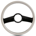 Steering Wheel,Fury style,Aluminum,15 1/2,Half-wrap,Made in the USA,Gloss black anodized spokes,White grip
