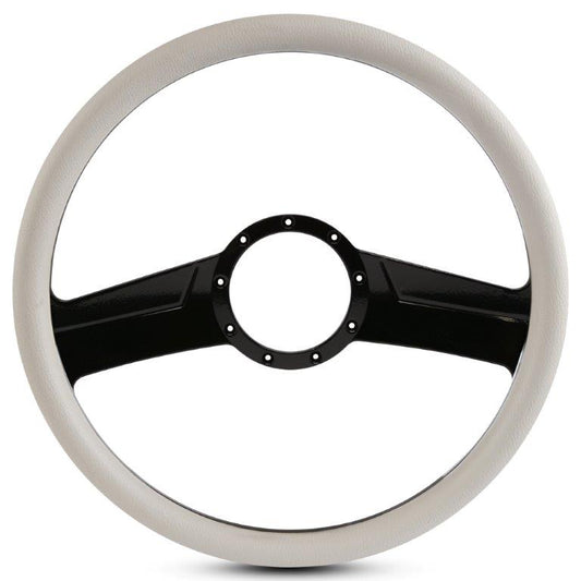 Steering Wheel,Fury style,Aluminum,15 1/2,Half-wrap,Made in the USA,Gloss black Fusioncoat spokes,White grip