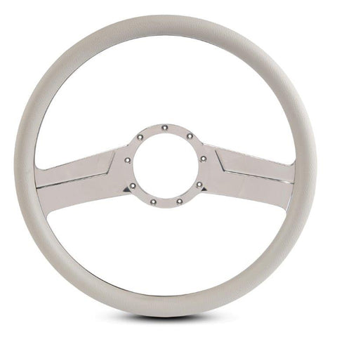 Steering Wheel,Fury style,Aluminum,15 1/2,Half-wrap,Made in the USA,Bright polished spokes,White grip