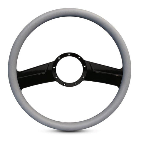 Steering Wheel,Fury style,Aluminum,15 1/2,Half-wrap,Made in the USA,Gloss black anodized spokes,Grey grip