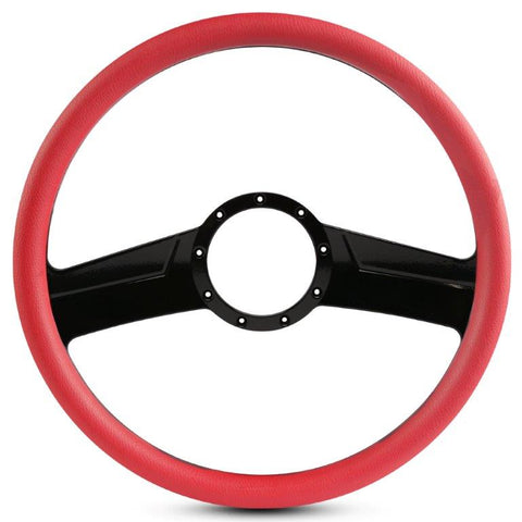 Steering Wheel,Fury style,Aluminum,15 1/2,Half-wrap,Made in the USA,Gloss black anodized spokes,Red grip