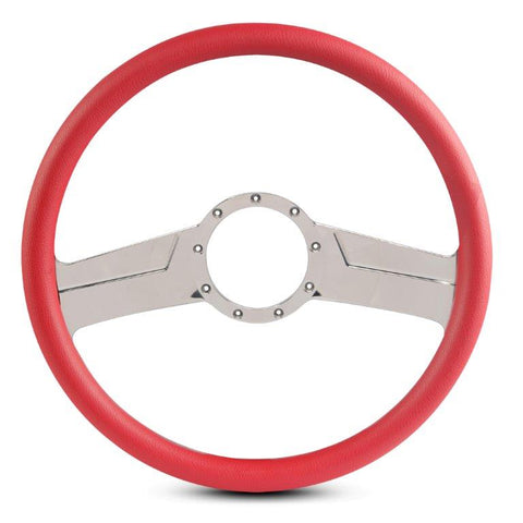 Steering Wheel,Fury style,Aluminum,15 1/2,Half-wrap,Made in the USA,Bright polished spokes,Red grip