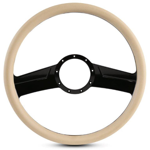 Steering Wheel,Fury style,Aluminum,15 1/2,Half-wrap,Made in the USA,Gloss black anodized spokes,Tan grip