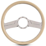Steering Wheel,Fury style,Aluminum,15 1/2,Half-wrap,Made in the USA,Chrome spokes,Tan grip