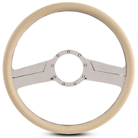 Steering Wheel,Fury style,Aluminum,15 1/2,Half-wrap,Made in the USA,Bright polished spokes,Tan grip