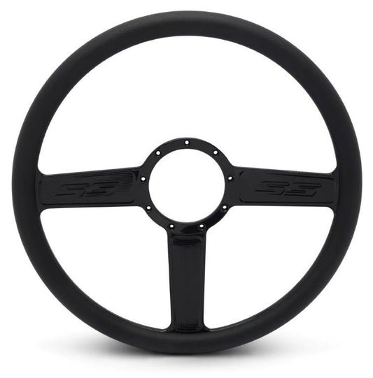 Steering Wheel,SS logo,Aluminum,15 1/2,Half-wrap,Made in the USA,Gloss black Fusioncoat spokes,Black grip