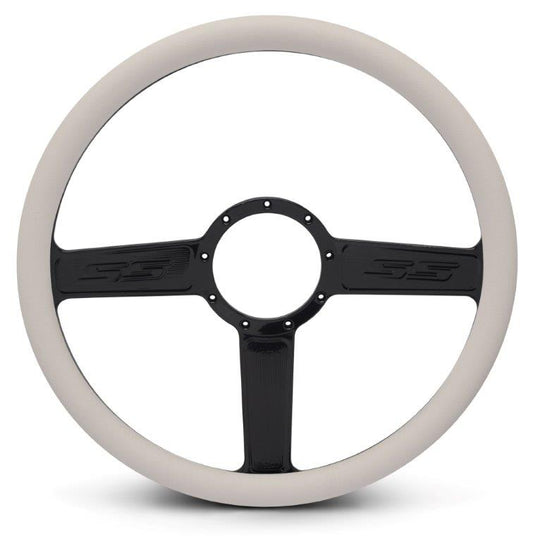 Steering Wheel,SS logo,Aluminum,15 1/2,Half-wrap,Made in the USA,Gloss black anodized spokes,White grip