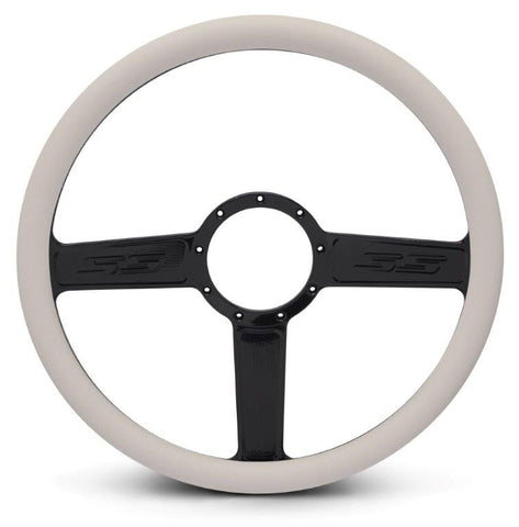 Steering Wheel,SS logo,Aluminum,15 1/2,Half-wrap,Made in the USA,Gloss black anodized spokes,White grip