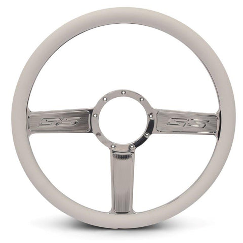 Steering Wheel,SS logo,Aluminum,15 1/2,Half-wrap,Made in the USA,Chrome spokes,White grip