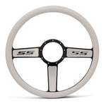 Steering Wheel,SS logo,Aluminum,15 1/2,Half-wrap,Made in USA,Black spokes with machined highlights,White grip