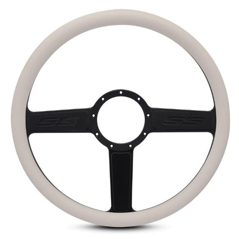 Steering Wheel,SS logo,Aluminum,15 1/2,Half-wrap,Made in the USA,Matte black Fusioncoat spokes,White grip