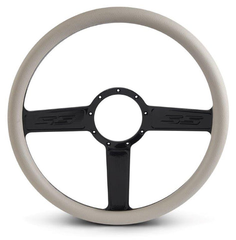 Steering Wheel,SS logo,Aluminum,15 1/2,Half-wrap,Made in the USA,Gloss black anodized spokes,Grey grip