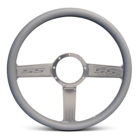 Steering Wheel,SS logo,Aluminum,15 1/2,Half-wrap,Made in the USA,Clear anodized spokes,Grey grip