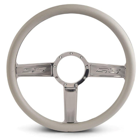 Steering Wheel,SS logo,Aluminum,15 1/2,Half-wrap,Made in the USA,Chrome spokes,Grey grip