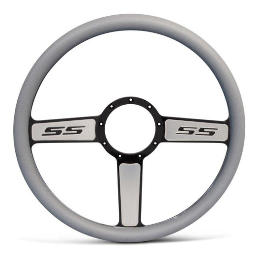 Steering Wheel,SS logo,Aluminum,15 1/2,Half-wrap,Made in USA,Black spokes with machined highlights,Grey grip