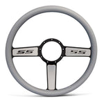 Steering Wheel,SS logo,Aluminum,15 1/2,Half-wrap,Made in USA,Black spokes with machined highlights,Grey grip