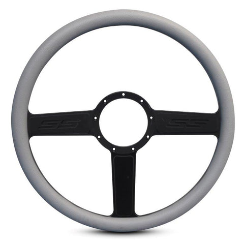 Steering Wheel,SS logo,Aluminum,15 1/2,Half-wrap,Made in the USA,Matte black Fusioncoat spokes,Grey grip