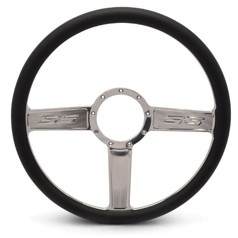 Steering Wheel,SS logo,Aluminum,15 1/2,Half-wrap,Made in the USA,Bright polished spokes,Black grip