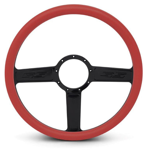 Steering Wheel,SS logo,Aluminum,15 1/2,Half-wrap,Made in the USA,Gloss black anodized spokes,Red grip