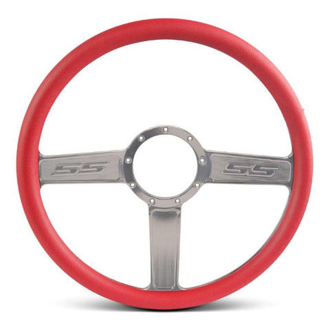 Steering Wheel,SS logo,Aluminum,15 1/2,Half-wrap,Made in the USA,Clear anodized spokes,Red grip