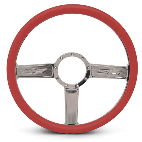Steering Wheel,SS logo,Aluminum,15 1/2,Half-wrap,Made in the USA,Chrome spokes,Red grip