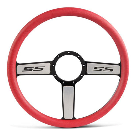 Steering Wheel,SS logo,Aluminum,15 1/2,Half-wrap,Made in USA,Black spokes with machined highlights,Red grip