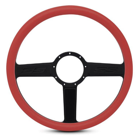 Steering Wheel,SS logo,Aluminum,15 1/2,Half-wrap,Made in the USA,Matte black Fusioncoat spokes,Red grip