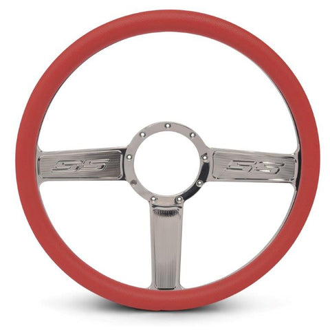 Steering Wheel,SS logo,Aluminum,15 1/2,Half-wrap,Made in the USA,Bright polished spokes,Red grip