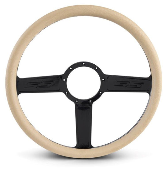 Steering Wheel,SS logo,Aluminum,15 1/2,Half-wrap,Made in the USA,Gloss black anodized spokes,Tan grip