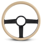Steering Wheel,SS logo,Aluminum,15 1/2,Half-wrap,Made in the USA,Gloss black anodized spokes,Tan grip