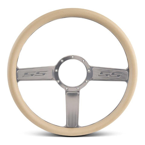 Steering Wheel,SS logo,Aluminum,15 1/2,Half-wrap,Made in the USA,Clear anodized spokes,Tan grip