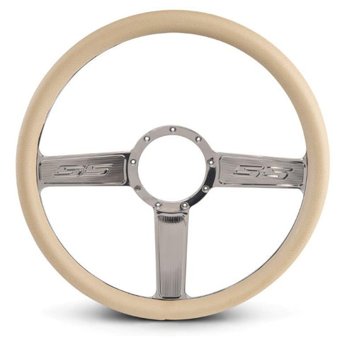 Steering Wheel,SS logo,Aluminum,15 1/2,Half-wrap,Made in the USA,bright clear coat spokes,Tan grip