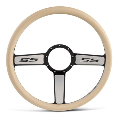 Steering Wheel,SS logo,Aluminum,15 1/2,Half-wrap,Made in USA,Black spokes with machined highlights,Tan grip
