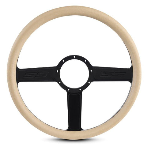 Steering Wheel,SS logo,Aluminum,15 1/2,Half-wrap,Made in the USA,Matte black Fusioncoat spokes,Tan grip