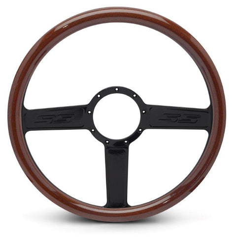 Steering Wheel,SS logo,Aluminum,15 1/2,Half-wrap,Made In USA,Gloss black anodize spokes,Wood grip