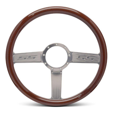 Steering Wheel,SS logo,Aluminum,15 1/2,Half-wrap,Made In USA,Clear anodize spokes,Wood grip