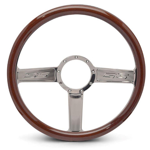 Steering Wheel,SS logo,Aluminum,15 1/2,Half-wrap,Made In USA,Chrome plated spokes,Wood grip