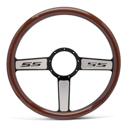 Steering Wheel,SS logo,Aluminum,15 1/2,Half-wrap,Made In USA,Black spokes with machine highlights,Wood grip