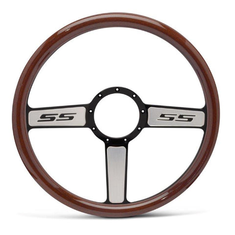 Steering Wheel,SS logo,Aluminum,15 1/2,Half-wrap,Made In USA,Black spokes with machine highlights,Wood grip