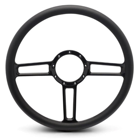 Steering Wheel,Launch style,Aluminum,15 1/2,Half-wrap,Made in the USA,Gloss black anodized spokes,Black grip