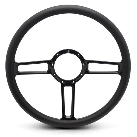 Steering Wheel,Launch style,Aluminum,15 1/2,Half-wrap,Made in the USA,Gloss black Fusioncoat spokes,Black grip
