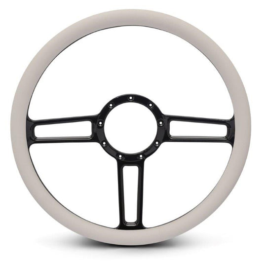 Steering Wheel,Launch style,Aluminum,15 1/2,Half-wrap,Made in the USA,Gloss black anodized spokes,White grip