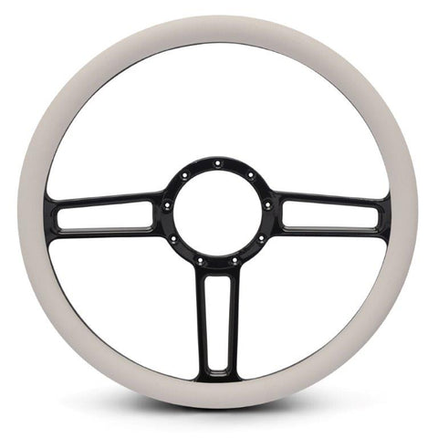 Steering Wheel,Launch style,Aluminum,15 1/2,Half-wrap,Made in the USA,Gloss black anodized spokes,White grip