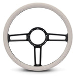 Steering Wheel,Launch style,Aluminum,15 1/2,Half-wrap,Made in the USA,Gloss black Fusioncoat spokes,White grip