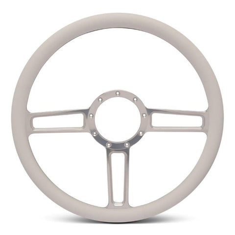 Steering Wheel,Launch style,Aluminum,15 1/2,Half-wrap,Made in the USA,Clear anodized spokes,White grip