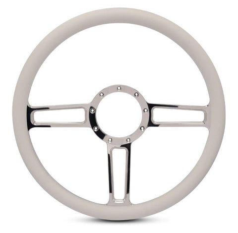 Steering Wheel,Launch style,Aluminum,15 1/2,Half-wrap,Made in the USA,Chrome spokes,White grip