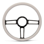 Steering Wheel,Launch style,Aluminum,15 1/2,Half-wrap,Made in USA,Black spokes w/machinedhighlights,White grip