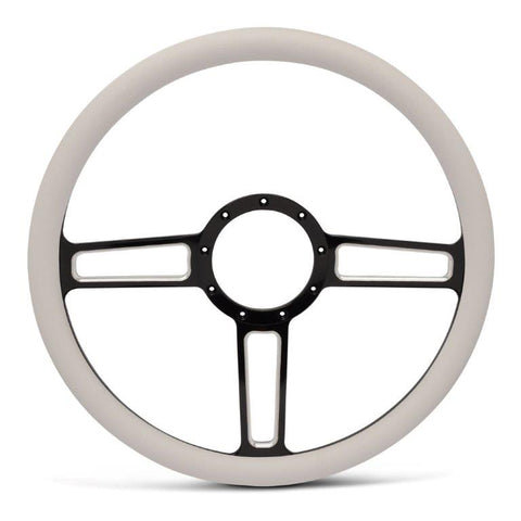 Steering Wheel,Launch style,Aluminum,15 1/2,Half-wrap,Made in USA,Black spokes w/machinedhighlights,White grip