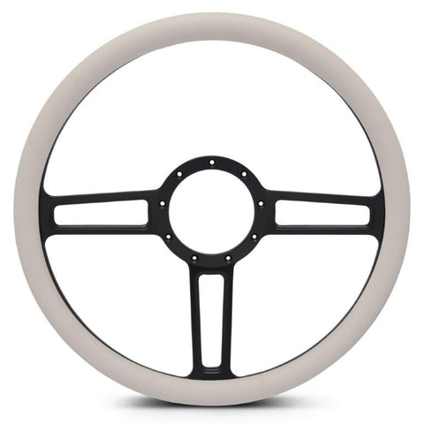Steering Wheel,Launch style,Aluminum,15 1/2,Half-wrap,Made in the USA,Matte black Fusioncoat spokes,White grip