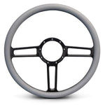 Steering Wheel,Launch style,Aluminum,15 1/2,Half-wrap,Made in the USA,Gloss black anodized spokes,Grey grip